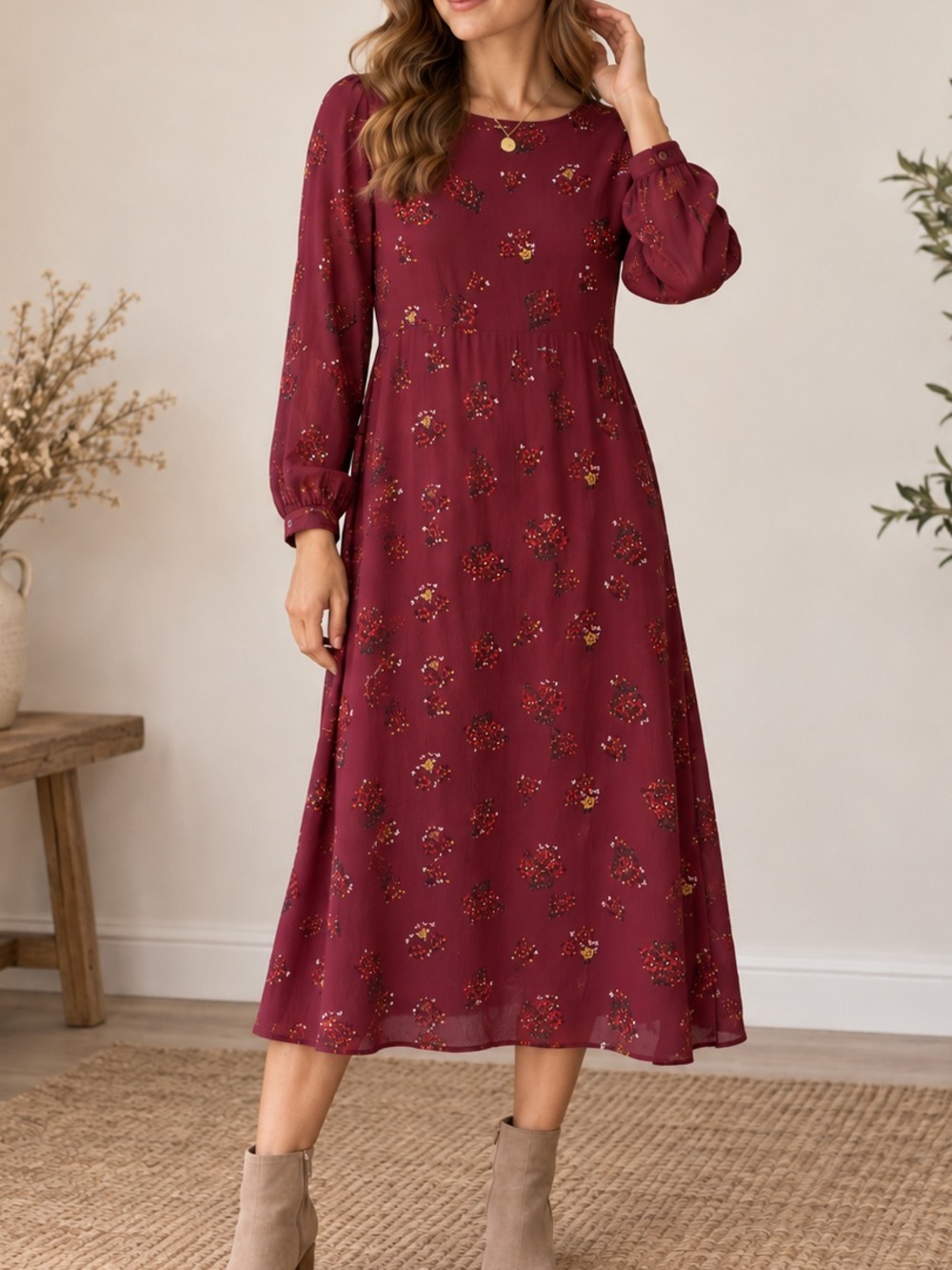 Old Navy Burgundy Floral Midi Dress Size 8 Long Sleeve Boho Cottagecore Rayon